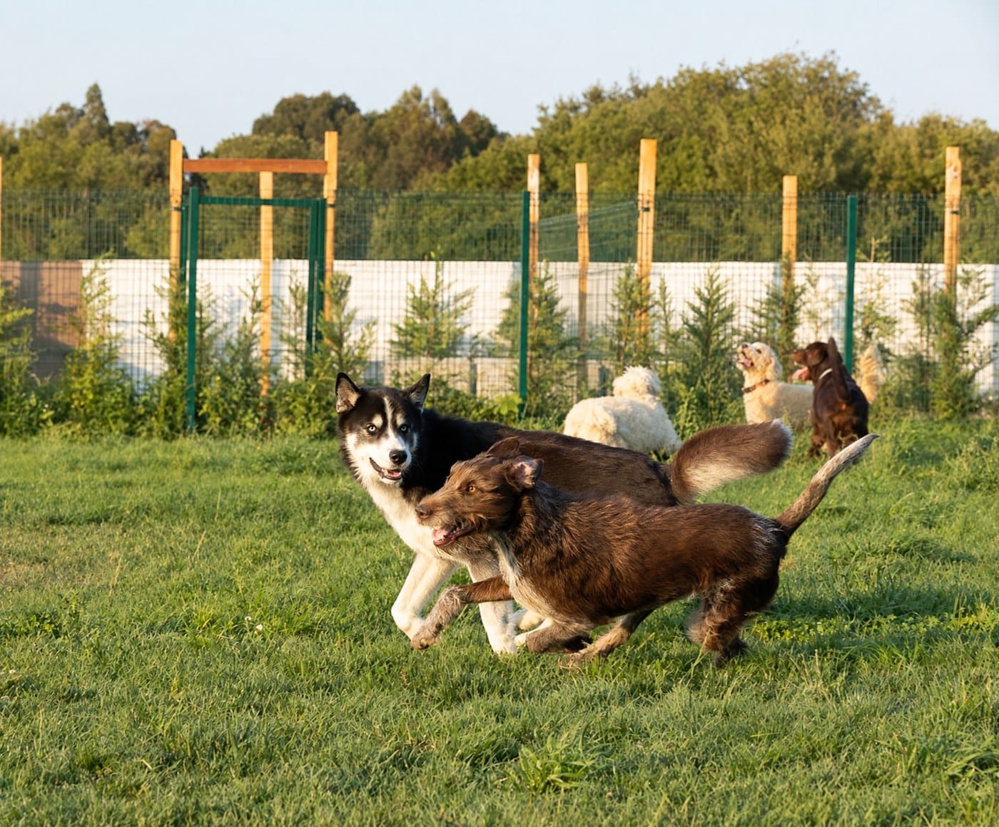 Dois cães a brincar no parque do Dog Eco Resort